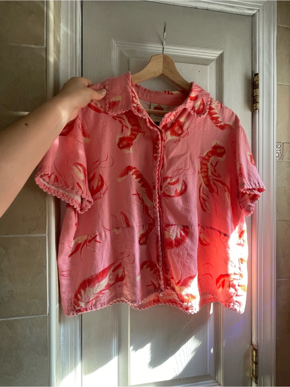 FARM Rio Pink Short-Sleeve Button Front Top with Coral Print